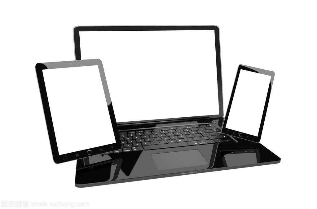 筆記本電腦移動手機和平板電腦相互連接的 3d 渲染